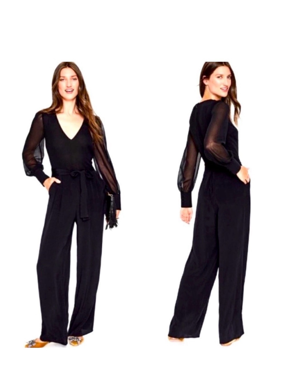 Boden Women's silk blend Black Long Sleeve Wide Leg Jumpsuit
